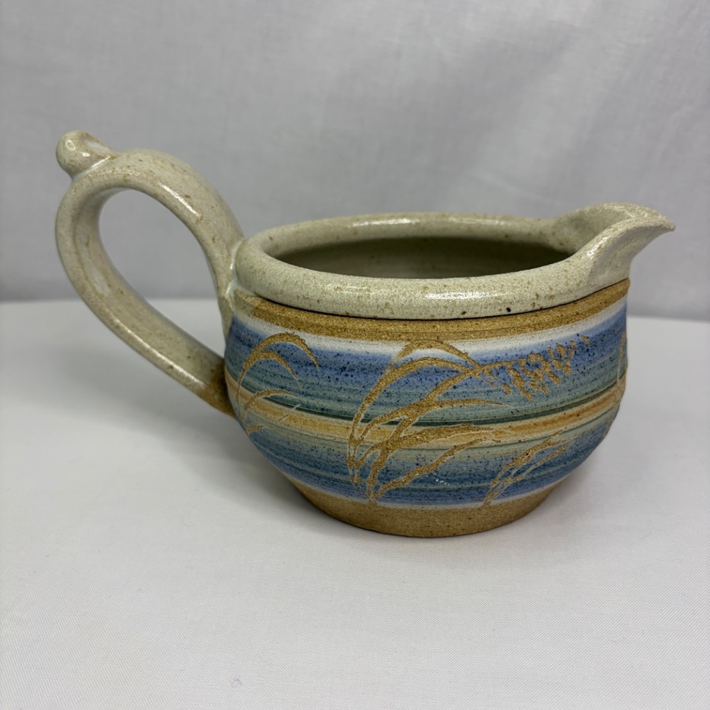 Studio Pottery Gravy Boat Pitcher Creamer Vase Etched Stoneware Vintage Signed - Picture 1 of 12